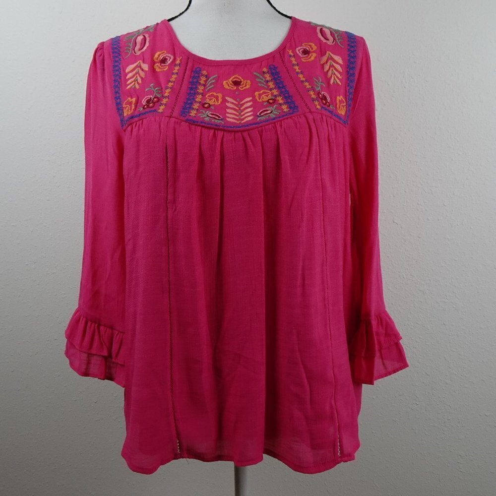 Figueroa & Flower Embroidered Tunic Top Women's Petite Size PM Pink Loose Fit
